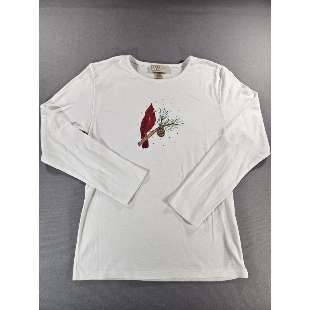 Christmas Winter Cardinal White Long Sleeve Shirt Large M&C Sportswear Vintage
